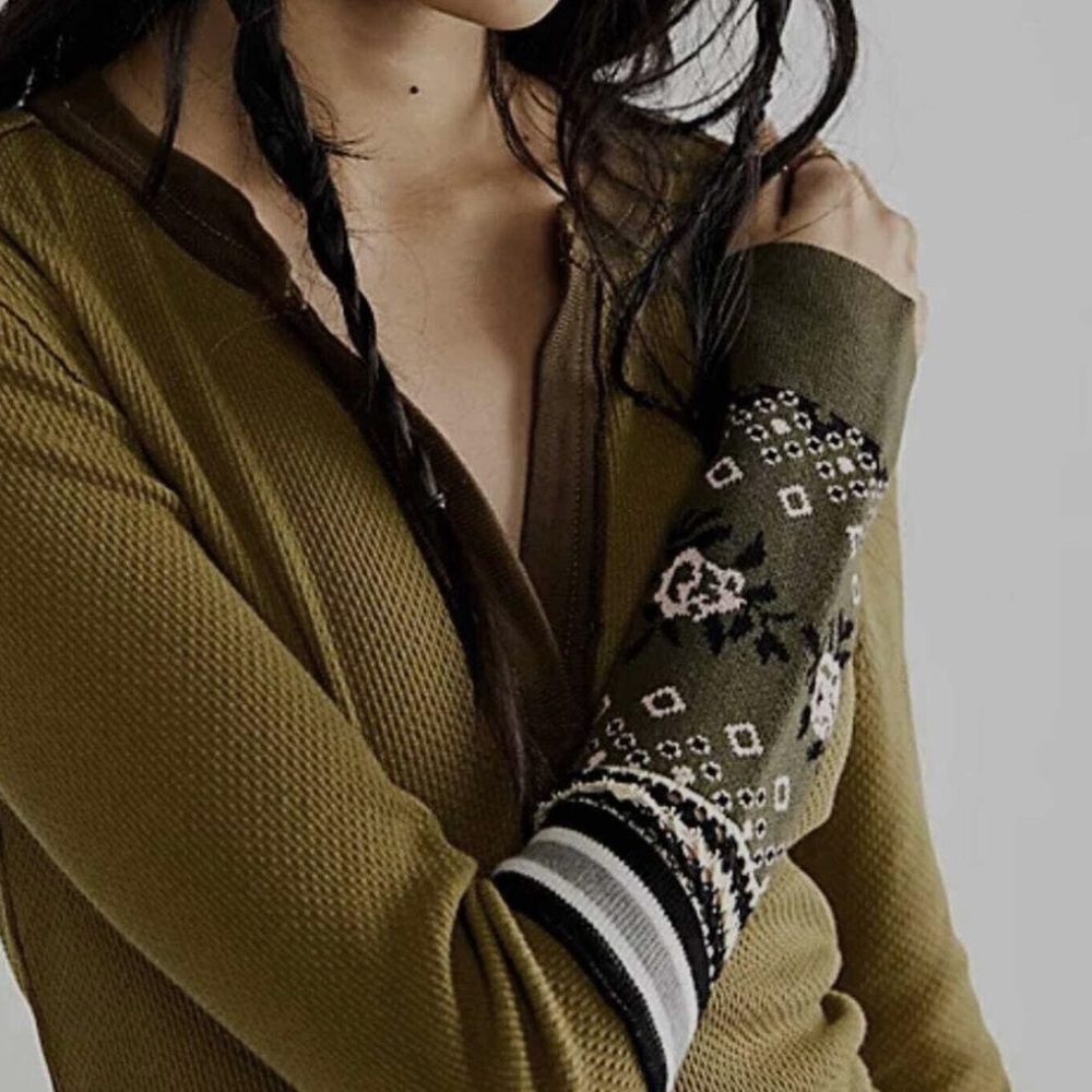 Free People Olive and Brown Patterned Long Sleeve Top - Picture 5 of 12